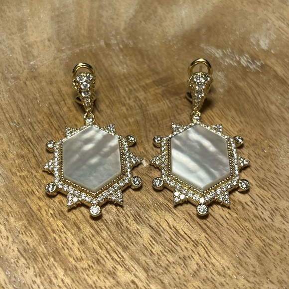 Judith Ripka 14K Sterling Silver Clad Diamonique & Mother of Pearl Earrings RARE - Picture 6 of 16